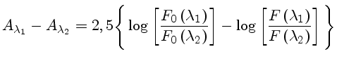 A_{\lambda_1}-A_{\lambda_2} = 2,5 \{\log\[\frac{F_0\(\lambda_1\)}{F_0\(\lambda_2\)}\] - \log\[\frac{F\(\lambda_1\)}{F\(\lambda_2\)}\]\}