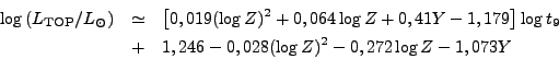 \log (L_{TOP}/L_\odot) &\simeq& 
+ 1,246 -0,028 (\log Z)^2 - 0,272 \log Z - 1,073 Y